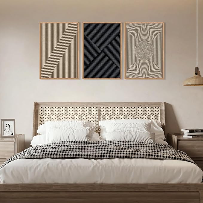 Ausril Neutral Minimalist Line Framed Canvas Wall Art Set, Beige Abstract Wall Decor, Modern Illustration Wall Painting, Mid Century Boho Art Print for Living Room, Bedroom, Office 36"x24"x3