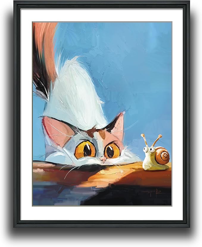 TimAsh Unframed Funny Cat Wall Art Cat Staring at Snail Canvas Wall Decor Cartoon Cute Kitten Poster Painting Prints for Bedroom Bathroom Living Room 16'' x 12''