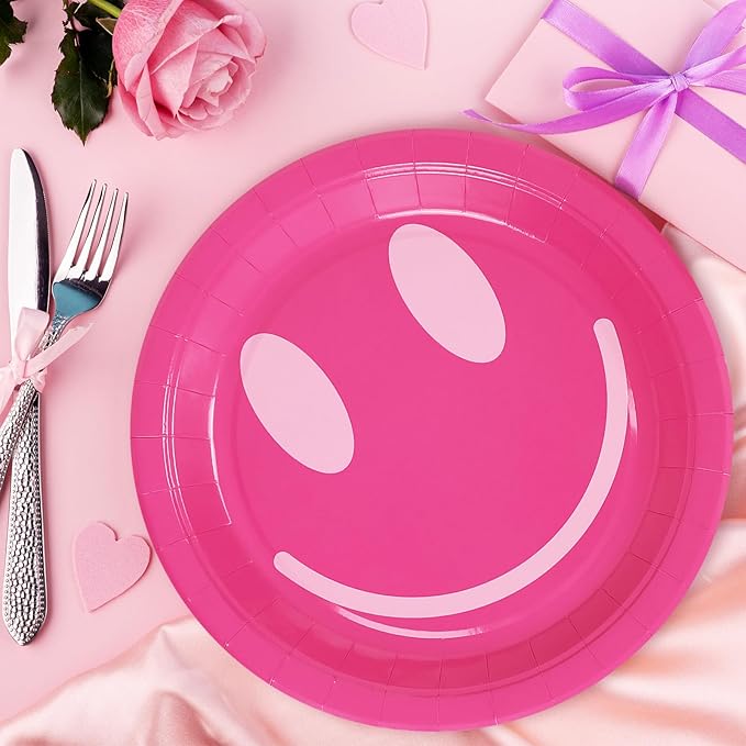 Whaline Preppy Paper Plates Smile Face Disposable Plates 4 Styles Dinner Plates Set 9 Inch Groovy Dessert Plates for Party Supplies Table Decor, 40Pcs