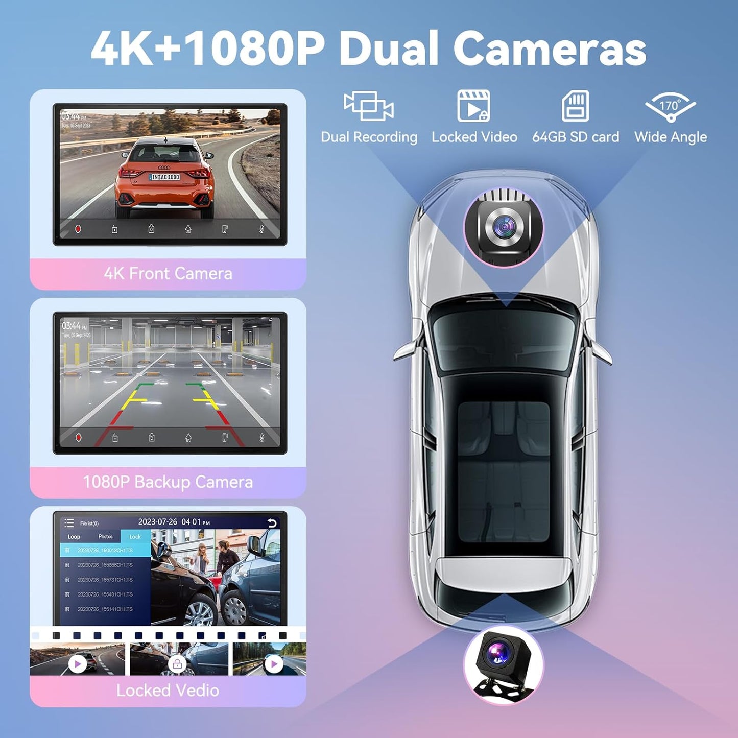 Wireless Carplay Screen for Car, 9" Android Auto Screen with 4K Dashcam, A-pple Carplay Screen for Car with 1080p Backup Camera, Mirror Link, TF Card, GPS Navigation, Bluetooth, AUX, FM, Voice Control