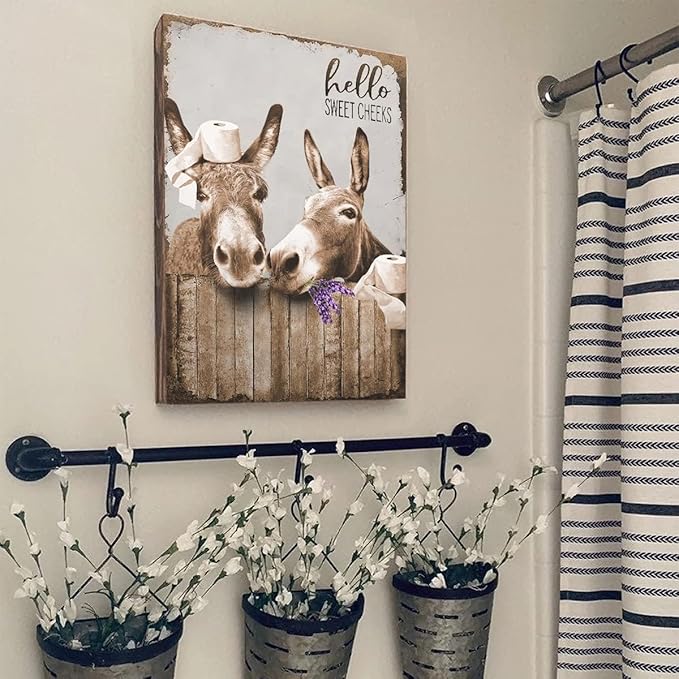 Canvas Wall Art Donkey Pictures for Bathroom Decor - Funny Farmhouse Painting Toilet Prints - Rustic Animals Artwork Framed 12"x16"