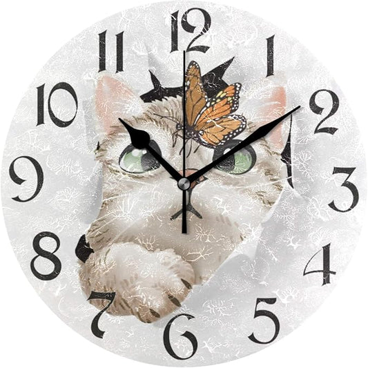 stargrass Cute Cat Butterfly Wall Clocks Battery Operated 10 inch Silent Non-Ticking Quiet Desk Clock Decor for Living Room Home Office School Kitchen (Small,Round)