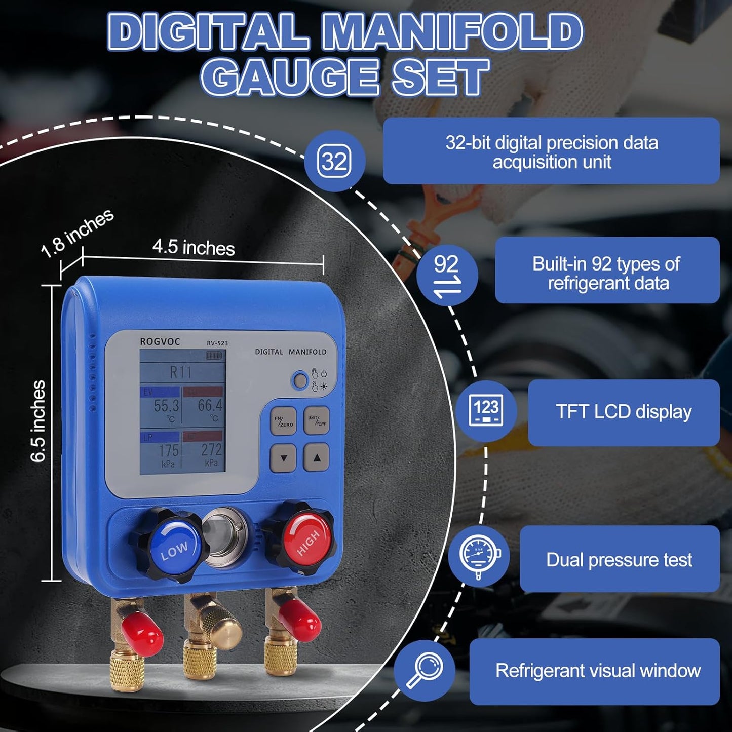Digital Manifold Gauge Set, HVAC Pressure and Air Tightness Test Gauges, Refrigerant AC Gauges with 3 Hoses, for R22/R410A/R134A Refrigerant Recharge Kit