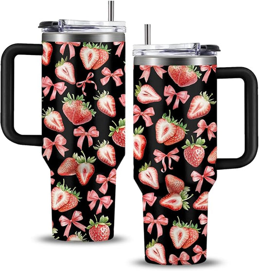 Strawberry 40 oz Tumbler with Handle and Straw - Double Wall Vacuum Insulated Coffee Cup Keeps Drinks Cold & Hot - Strawberries Festival Birthday Gifts for Strawberry Lovers Girls Women Sister