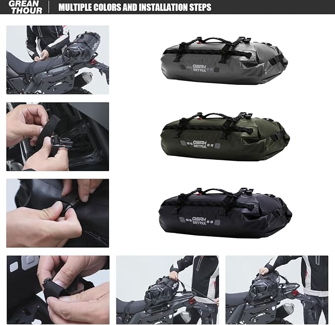 Waterproof Duffle & Luggage Tail Bag Saddle Bags, 20L Large Storage Space, for Motorcycle Back Seat, Dry Bag - Green