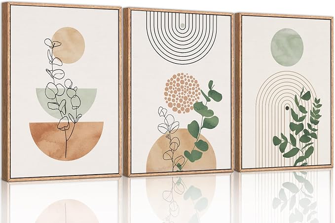 Ausril Boho Terracotta Green Framed Canvas Wall Art Set, Abstract Plant Wall Decor, Mid Century Modern Geometric Wall Painting, Neutral Abstract Art Print to Living Room, Bedroom, Office 36"x24"x3