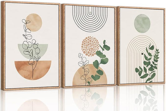 Ausril Boho Terracotta Green Framed Canvas Wall Art Set, Abstract Bohemian Wall Decor, Mid Century Modern Geometric Wall Painting, Neutral Botanical Art Print Living Room, Bedroom, Office 16"x24"x3