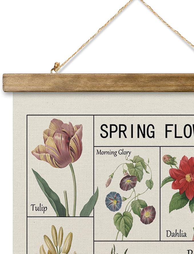 Vintage Spring Flower Poster Print, Botanical Educational Illustration, Rustic Wooden Hanger Frame, Linen Canvas Wall Art Decor, Farmhouse Cottagecore Style for Living Room Bedroom Office (20" x 30")