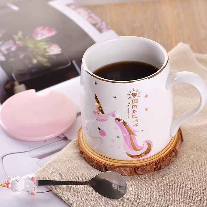 VanEnjoy Ceramic Unicorn Coffee Mug Tea Cup with Spoon,Diamon Pattern 13oz(380ml)