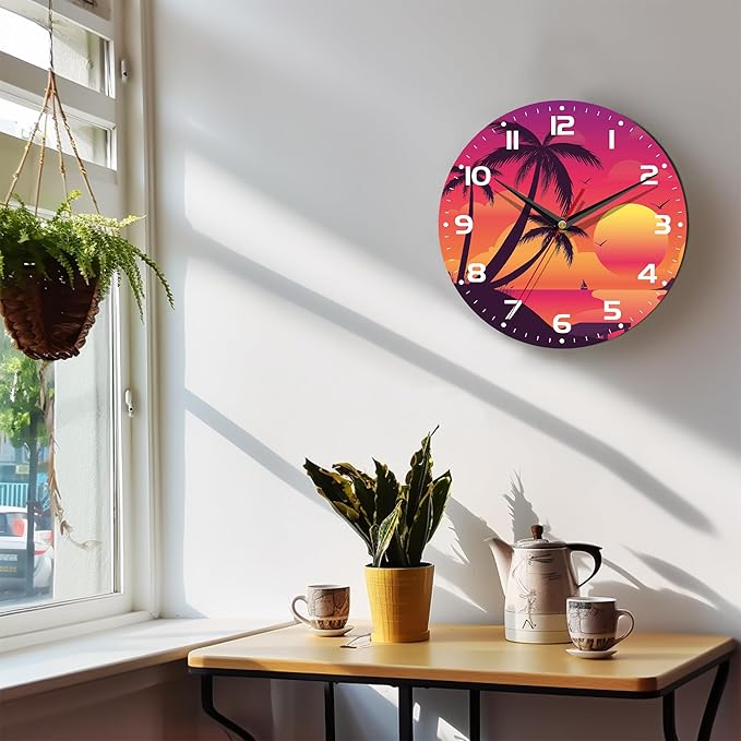 Wall Clock, 10 Inch Silent Non-Ticking Home Kitchen Decor, Battery Operated for Bathroom Bedroom Living Room Office(Tropical Palm Sunset)