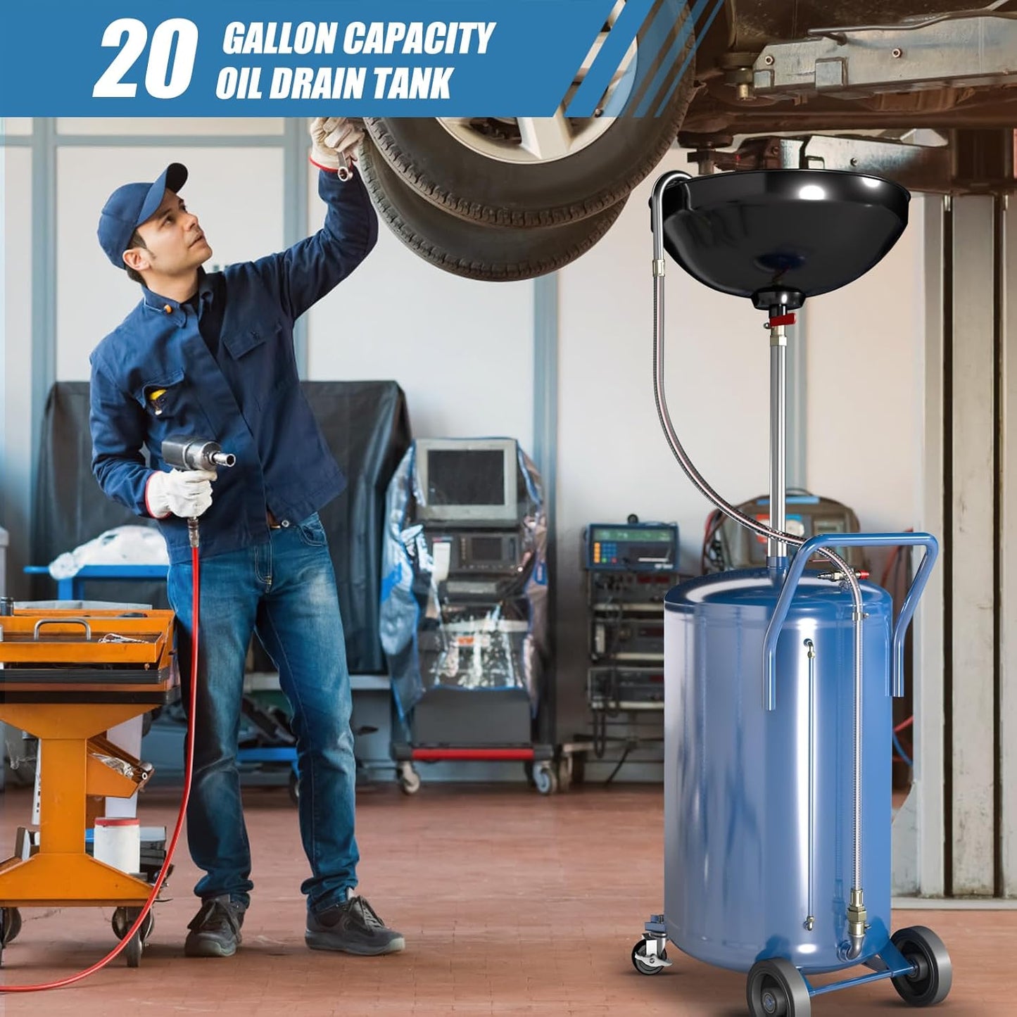 20-Gallon Waste Oil Drain Tank, Portable Air Operated Oil Drains with 360 ° Wheels,Oil Drain Container with Adjustable Funnel Height, Oil Change Container Suitable for Car Repair Shops and Garages
