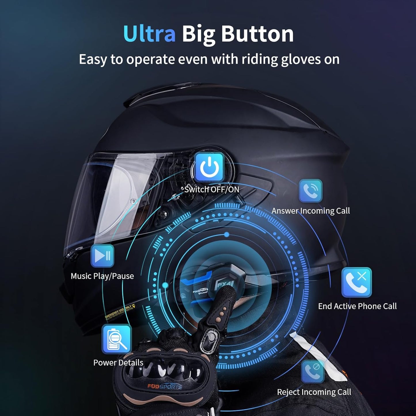 Fodsports Motorcycle Bluetooth Intercom FX4 Pro 1200m Helmet Intercom, 4 Riders Motorcycle Bluetooth Headset, Helmet Communication System FM/Hard &Soft Mic/1Pack