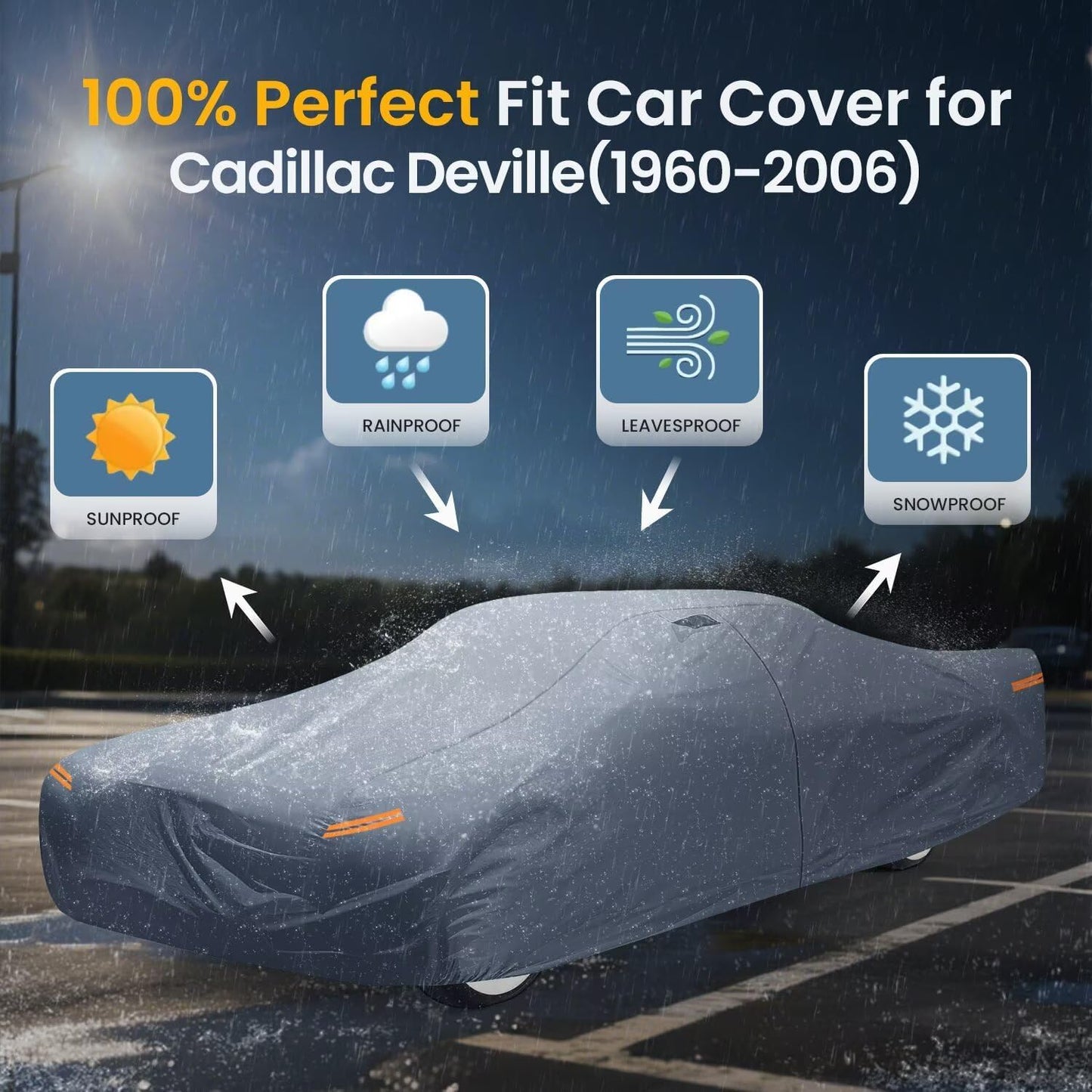 Waterproof Cadillac DeVille (1960-2006) Car Cover with Breathable Vents, [2025 Upgrade] Premium Covers with Cotton Liner and Zipper Door, Sun Rain Snow Dust Uv Protection.(Gift with Towel)