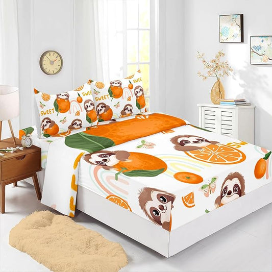 Brown Sloth & Orange Butterfly 4Pcs Rainbow Sweet Pattern Bedding Set for Kids - Queen Size with 1 Flat & 1 Fitted Sheet + 2 Pillowcases