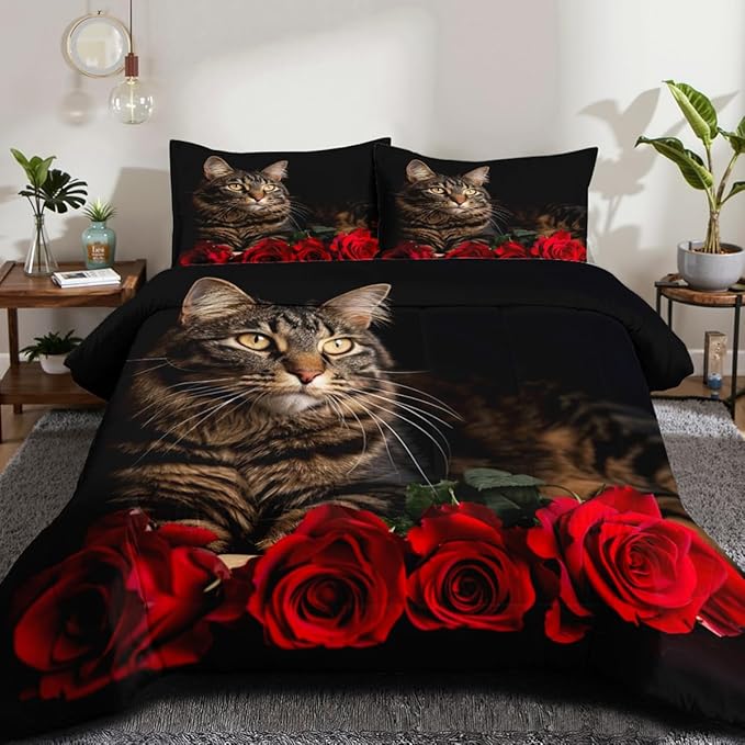 Black Cat Comforter Set Queen Cute Cats Bedding Set for Kids Girls Boys Teen Red Rose Bedding 3Pcs Kawaii Animal Bed Set Soft Down Alternative Comforter Sets with 2 Pillowcases