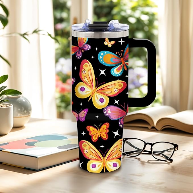 Butterfly Tumbler 40 Oz, Funny and Colorful Design, Stainless Steel Insulated Mug with Humorous Quote, Gift for Women, Fun and Playful Butterfly Theme, Novelty Tumbler