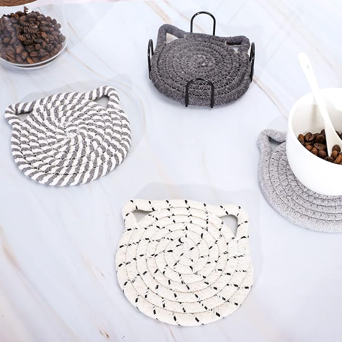 Whaline Cat Ears Coaster Set Cat Ear Shape Handmade Braided Cotton Coasters White Grey Non-Slip Absorbent Drink Coaster with Holder for Spring Mother's Day Birthday Housewarming Gifts Home Decor, 4Pcs