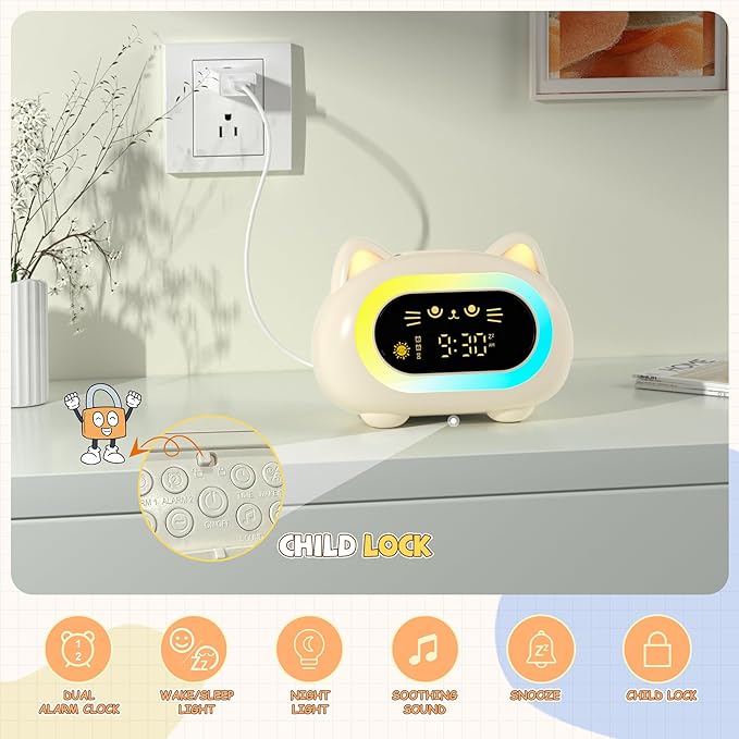 winshine Kids Alarm Clock, Ok to Wake Clock for Kids, Toddler Sleep Training Clock with Eye Protection, 10 Night Lights, Dual Alarms, Child Lock, Snooze, Timer - Cute Cat Clock for Girls and Boys