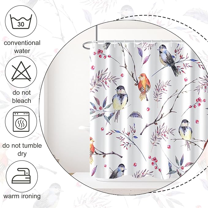 AWERT Bird Shower Curtain with Hooks Colorful Cheery Birds on Tree Branch Shower Curtain for Bathroom Waterproof Fabric Bathroom Accessories Bathtub Decor 72x72inch