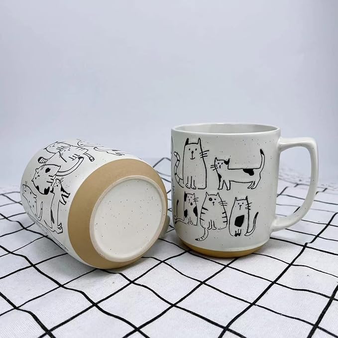 White-Grey Cartoon Cats Ceramic Mug with Handle Coffee Mug 550ml/18.6oz. Cute Funny Novelty Vintage Gift Hand Painted