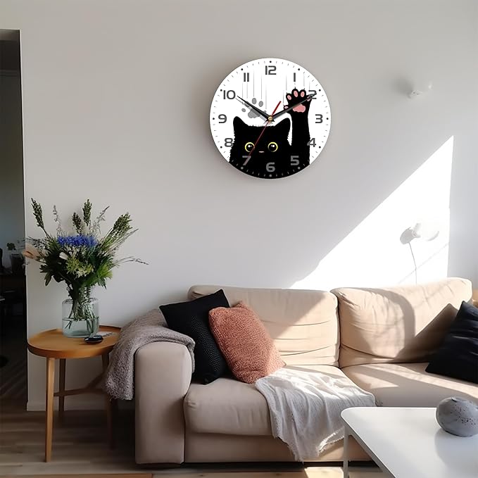 Wall Clock, 10 Inch Silent Non-Ticking Home Kitchen Decor, Battery Operated for Bathroom Bedroom Living Room Office(Cute Black Cats Paws)