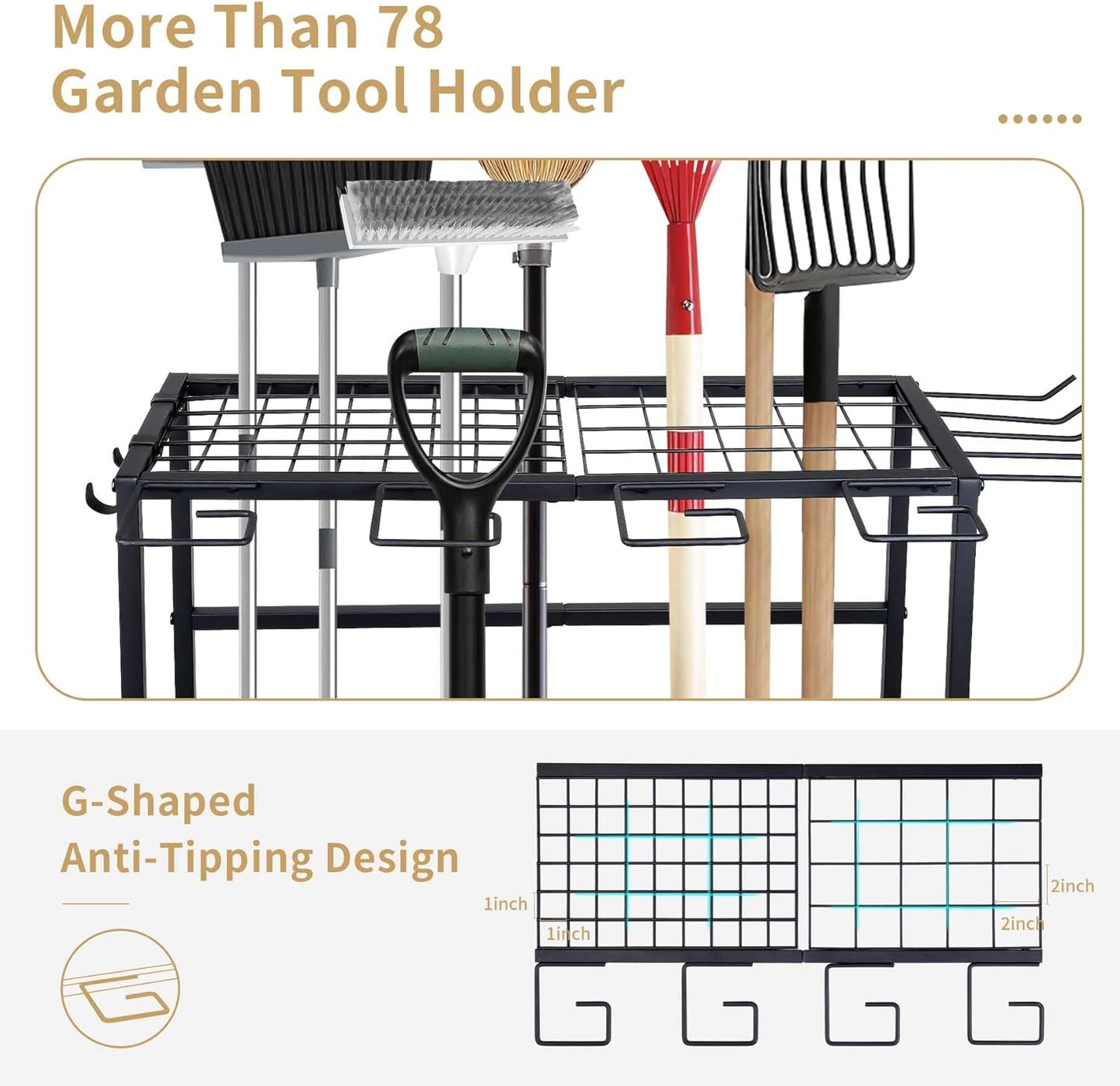 Garden Tool Organizer, Large Yard Tool Tower Rack for Garage Organization and Storage, Gardening Tool Stand for Shed or Outdoor, Metal Garden Tool Holder Up to 78 Tools, Shovel, Rake, Black