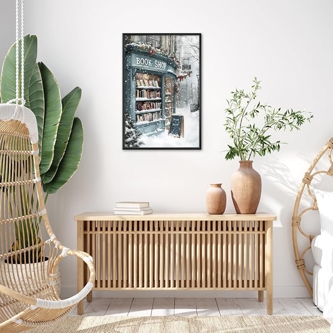 Vintage Christmas wall art Winter Book Shop Poster Print Book Lovers Gift Reading wall art Bookshop Wall Decor Winter Landscape Painting Room decor Aesthetic black framed24x36inch
