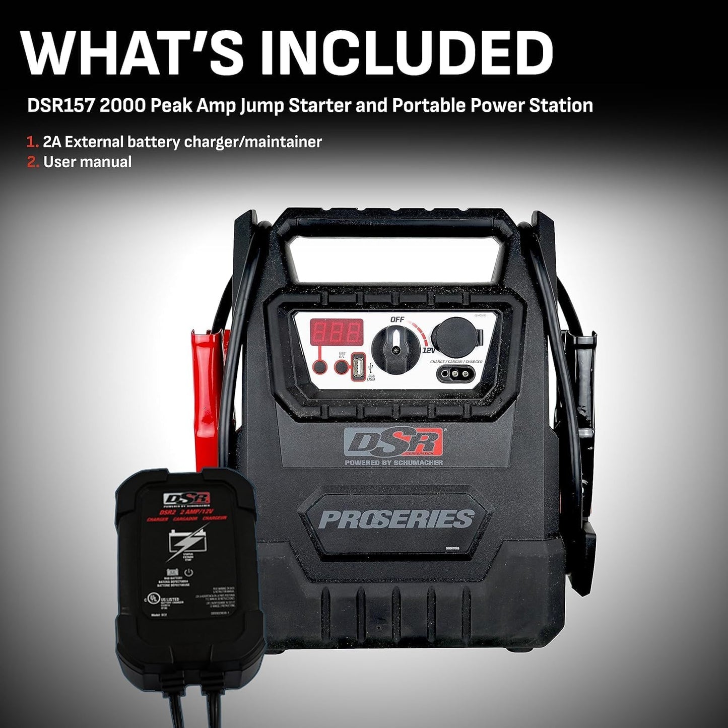 Schumacher Electric DSR ProSeries Car Battery Jump Starter, Maintainer & Portable Power Station - 12V 2000 Peak Amps & 400 Cranking Amps - with DC & USB Charging Ports - DSR157