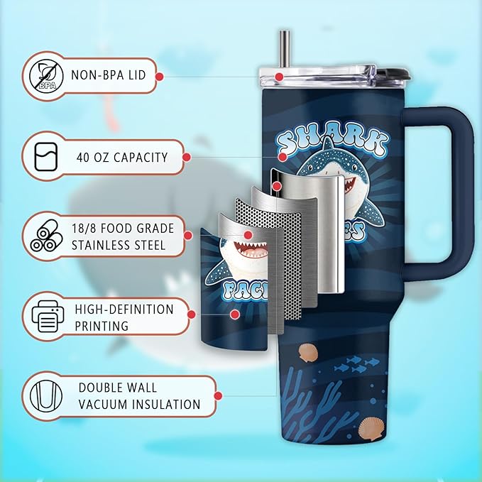 Whale Shark Gifts, Sharks Faces Tumbler with Handle & Straw & Lid, 40 Oz Stainless Steel Shark Cup, Presents for Animal Lovers, Friend Brother Sharks Birthday Gift, Gifts for Fathers Day