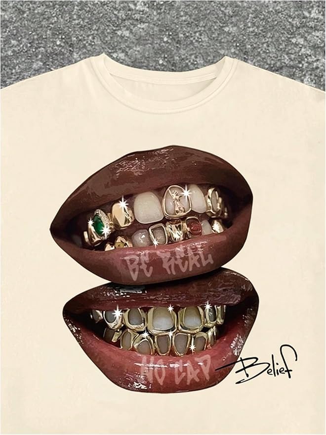 Verdusa Women's Lips Print Graphic Tees Y2k T Shirts Summer Crew Neck Vintage Going Out Tops