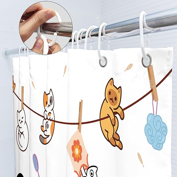 SVBright Cute Cat Shower Curtain 60Wx72L Inch Funny Kids Children Kitten Cartoon Animal Pets Fun Hilarious Lovely Boys Girls 12 Pack Hooks Polyester Waterproof Fabric Bathroom Bathtub Panels