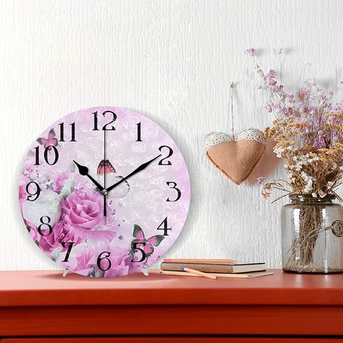 ALAZA Pink Wall Clock Butterfly Clocks Wall Rose Flower Bathroom Clock Battery Operated Non Ticking Silent Clocks Round Clock Living Room Decorative Clock