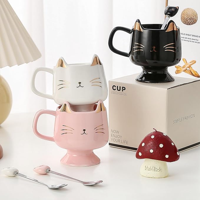 Yuwu Ceramic Coffee Mug, Cute Cat Tea Mug with Spoon, Funny Gifts for Women Girls for cat lovers (White)
