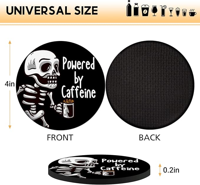 Swooflia Coasters for Drinks Coffee Table, Skull Coffee Powered Funny Black Silicone Absorbent Cup Coaster Set Housewarming Kitchen Home Wooden Desk Office Bar Tabletop Decor 6 Pack