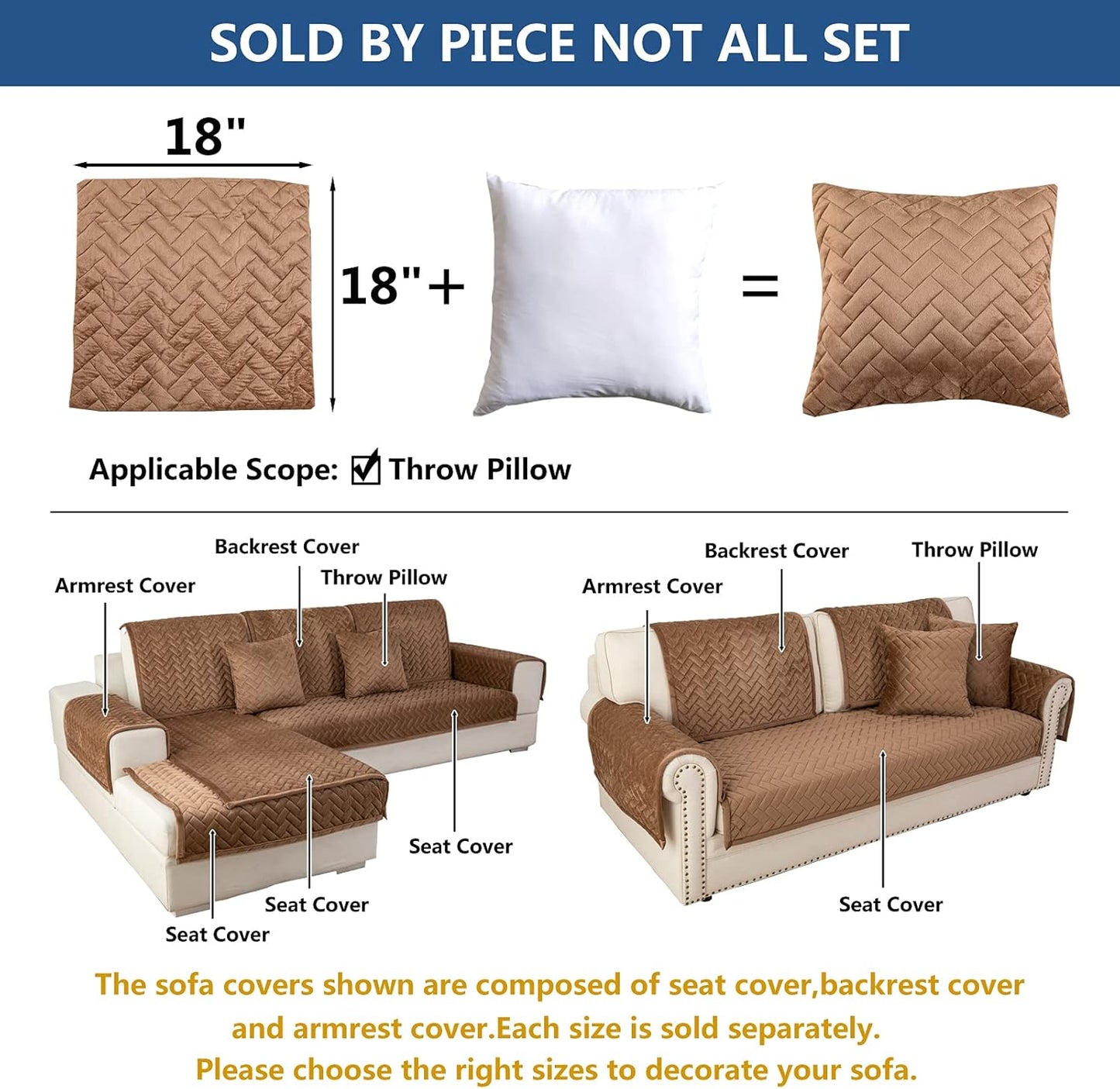 Eismodra Throw Pillows,Couch Cover,Sofa Cover,Sectional Couch Covers for 3 Cushion Couch,Sofa Slipcovers for Dogs Cats Pet Loveseat Recliner Leather L Shaped,Brown 18 x 18 Inches (Only 1 Piece)