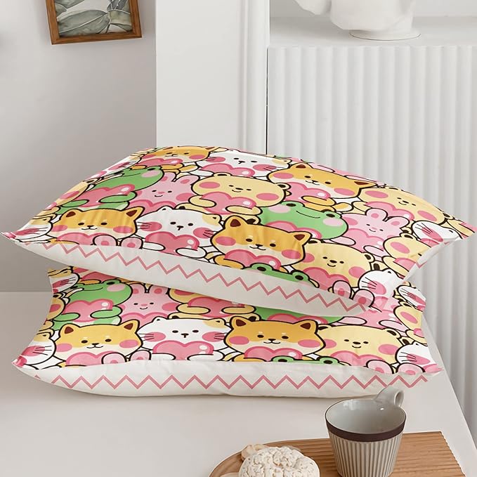 BSNTHO Cute Animal Comforter Set for Girls Kids Full Size Reversible Kawaii Dog Cat Frog Rabbit Bear Bedding Cartoon Pet Kitten Puppy Toddler Bedroom Collection 3Pcs Super Soft Lightweight