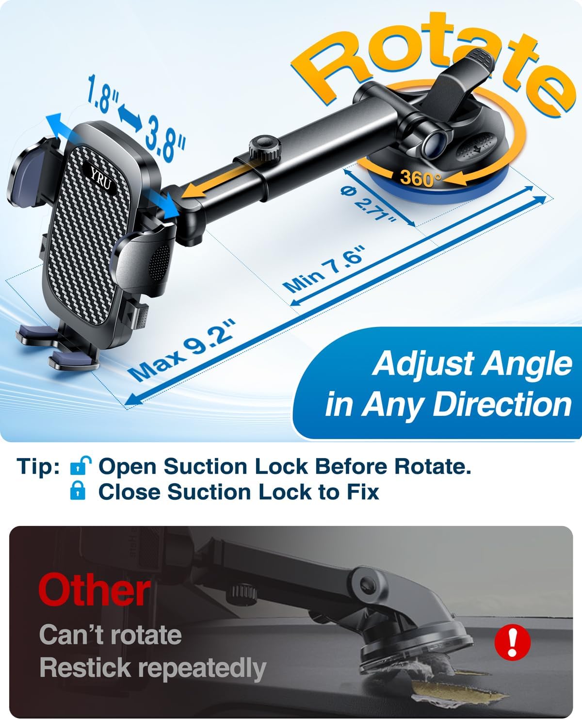 [True Military-Grade & 360 Degrees Rotatable Suction] 2025 YRU Ultimate Car Phone Holder Mount 【90+LBS Safest Strongest & Patent Certs】Dashboard Windshield Vent for iPhone 16 15 Pro Max Samsung, Black