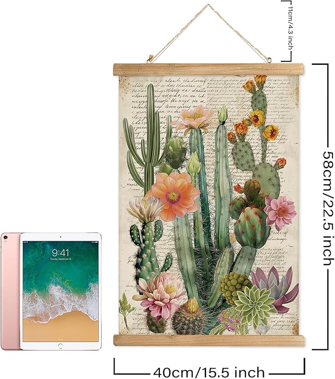 Vintage Spring Flower Poster Print, Botanical Educational Illustration, Rustic Wooden Hanger Frame, Linen Canvas Wall Art Decor, Farmhouse Cottagecore Style for Living Room Bedroom Office (16" x 23")
