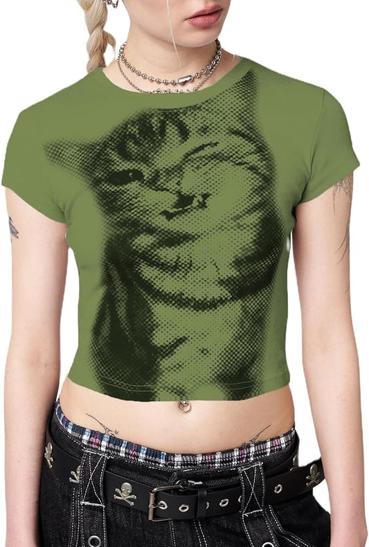 Y2k Graphic Baby Tees for Women Funny Kitten Shirt Tops Aesthetic Fairy Grunge Crop Top 90s 2000s Vintage Clothing