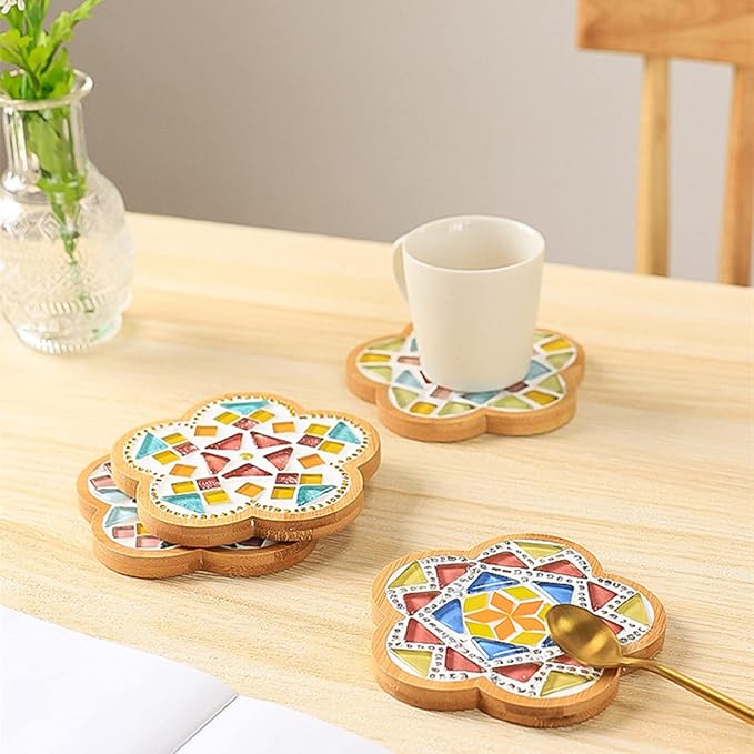 4PCS Mosaic Bamboo Coasters for Crafts, Blank Base Trays, Drinking Cup Coaster, Plant Coaster, Art Plate,DIY Mosaic Supplies (Flower)