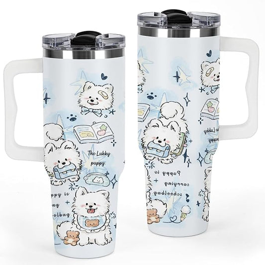 Tumbler with Handle and Lid, Dog Lover Tumbler, 40 oz Lucky Puppy Dogs Printed Insulated Stainless Steel Travel Mug West Highland White Terrier Lover Gifts For Kids, Families, Friends, Love