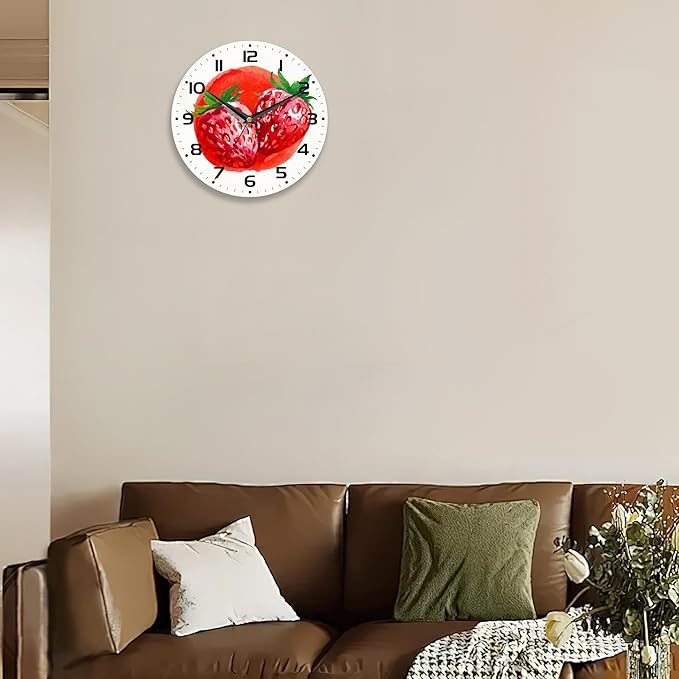 Wall Clocks,Red Strawberry 10 Inch Wall Clock,Summer Small Battery Operated Wall Clocks Decorative for Kitchen/Living Room/Bedroom/Bathroom/Dining Room