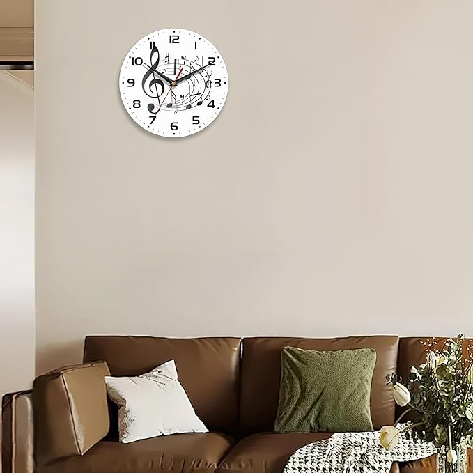 Wall Clocks,Music Notes Wall Clock Decorative,Black Kitchen Wall Clocks Battery Operated - 10 Inch Round Bathroom Wall Clock Silent Non-Ticking