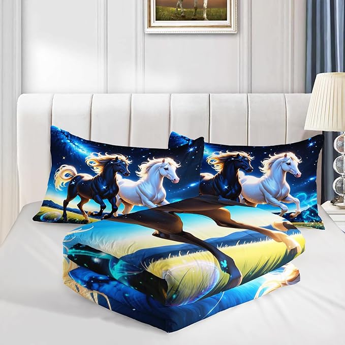 Western Bedding Sets Full Size,Farmhouse Animal Theme Prairie Galloping Horse Comforter Set for Kids Girls Boys Room Decor,Dreamy Starry Sky Background Bedding Set with 2 Pillowcases.