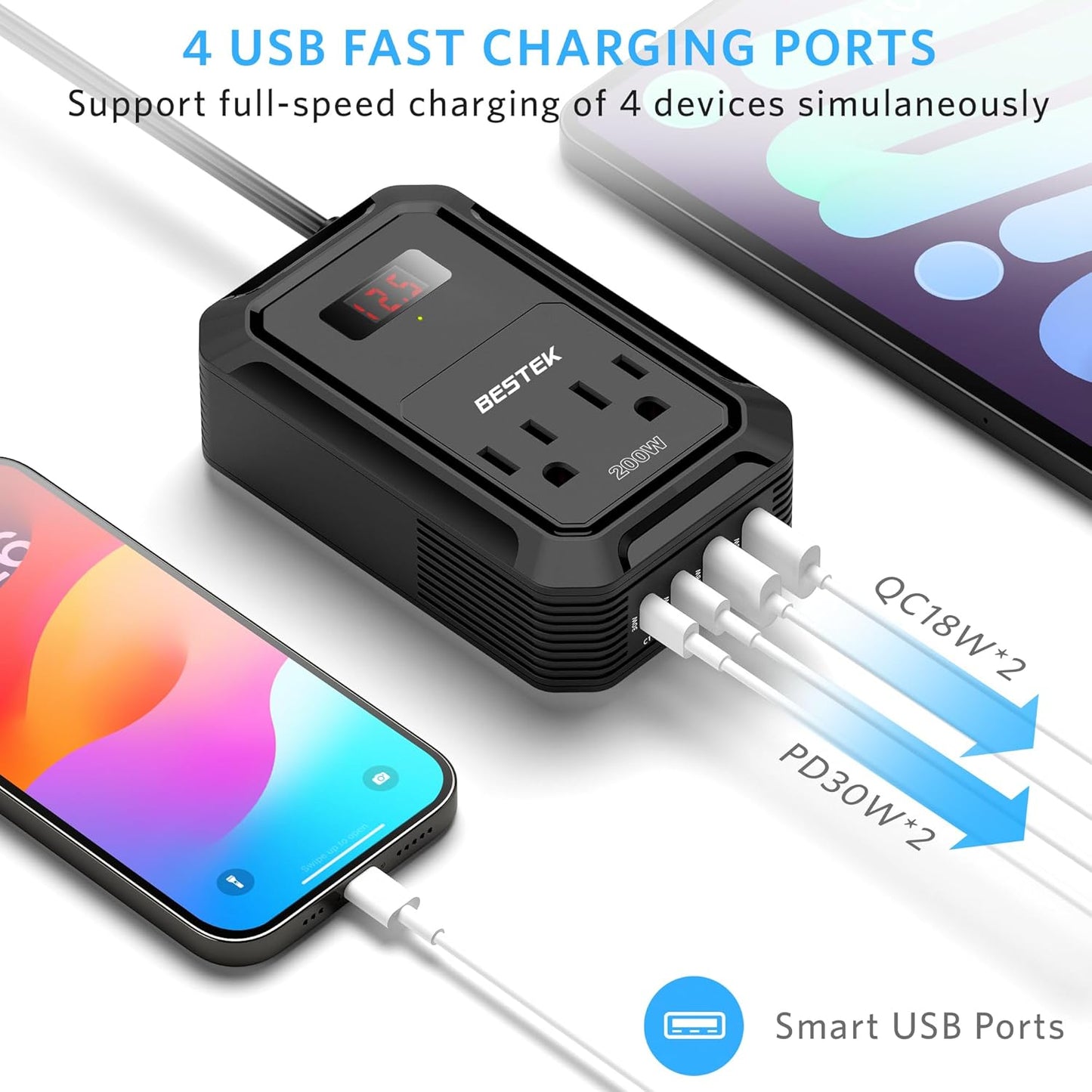 BESTEK 200W Car Power Inverter - DC 12V to 110V AC Converter with 2 USB-C(30W) and 2 USB-QC(18W) - Fast Car Charger Adapter with LCD Screen, Dual AC Adapter for Laptops (Black)