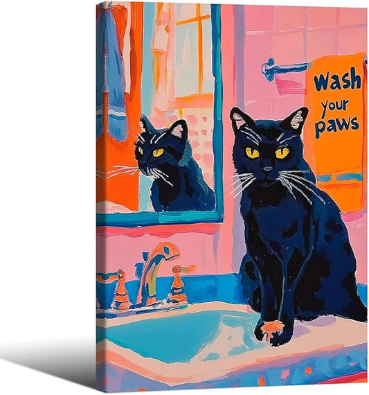 Black Cat Wash Your Paws Fun Wall Art Funky Colorful Bathroom Animal Poster Playful Kitsch Dopamine Aesthetic Canvas Pictures 16x24 inch Framed for Bathroom Wall Decor