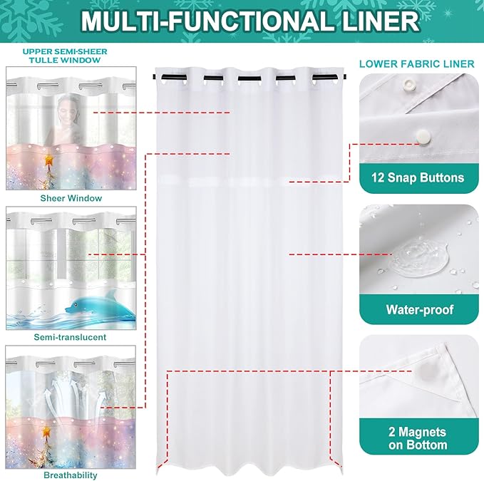 Vimorco No Hook Shower Curtain and Liner Set, 2 Interchangeable Patterns Shower Curtain with Snap (Christmas Tree Cat & Cute Diving Cat) Fabric Waterproof, 71x74 Inch, 2025 New