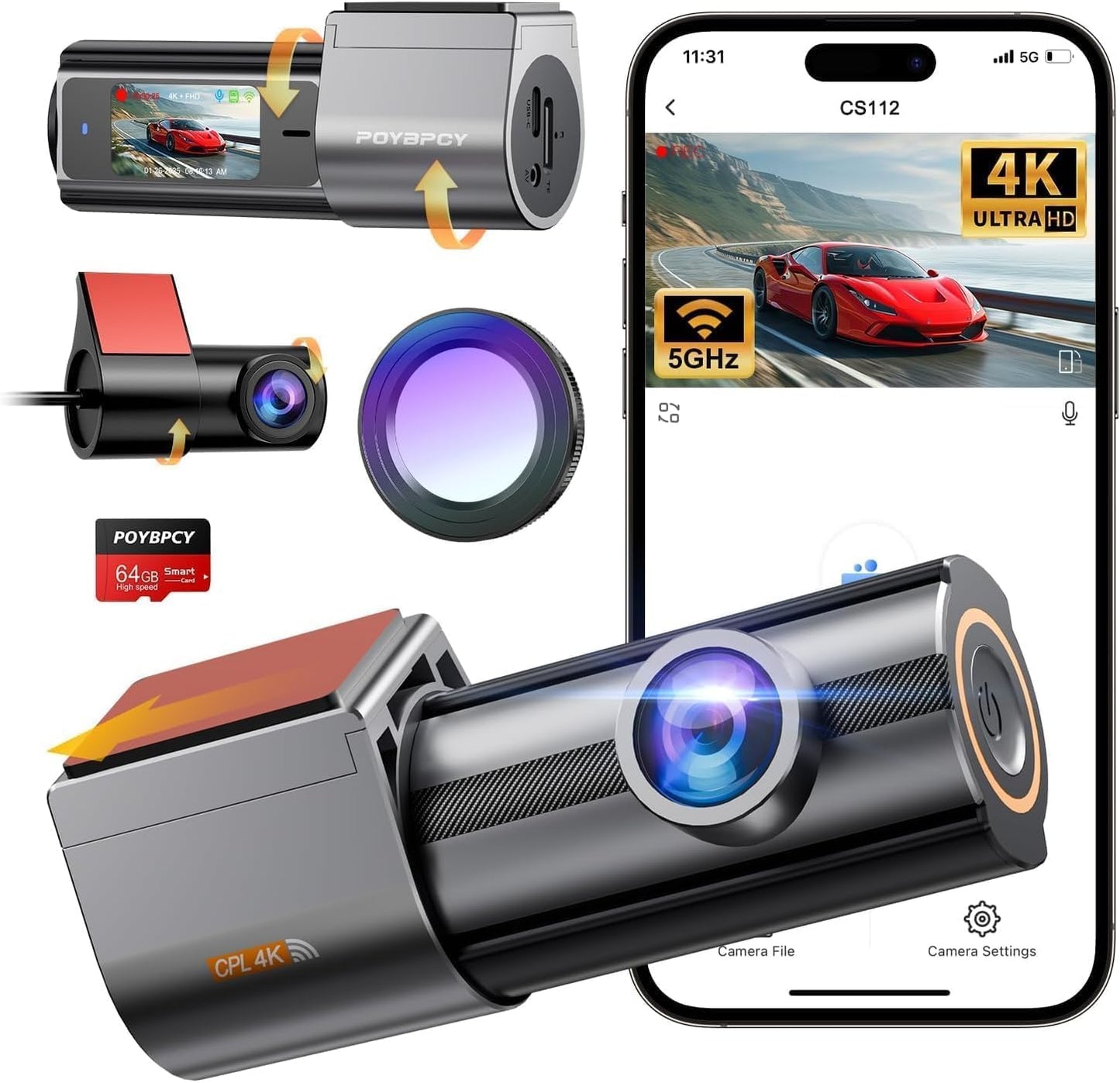 Dash Cam Front and Rear 4K, Built-in 5GHz WiFi with CPL, Dual Dashcams for Cars with 64GB Card, 24H Parking Mode, WDR, Ultra HD Night Vision, G-Sensor, Loop Recording, App Control, Support 256GB Max