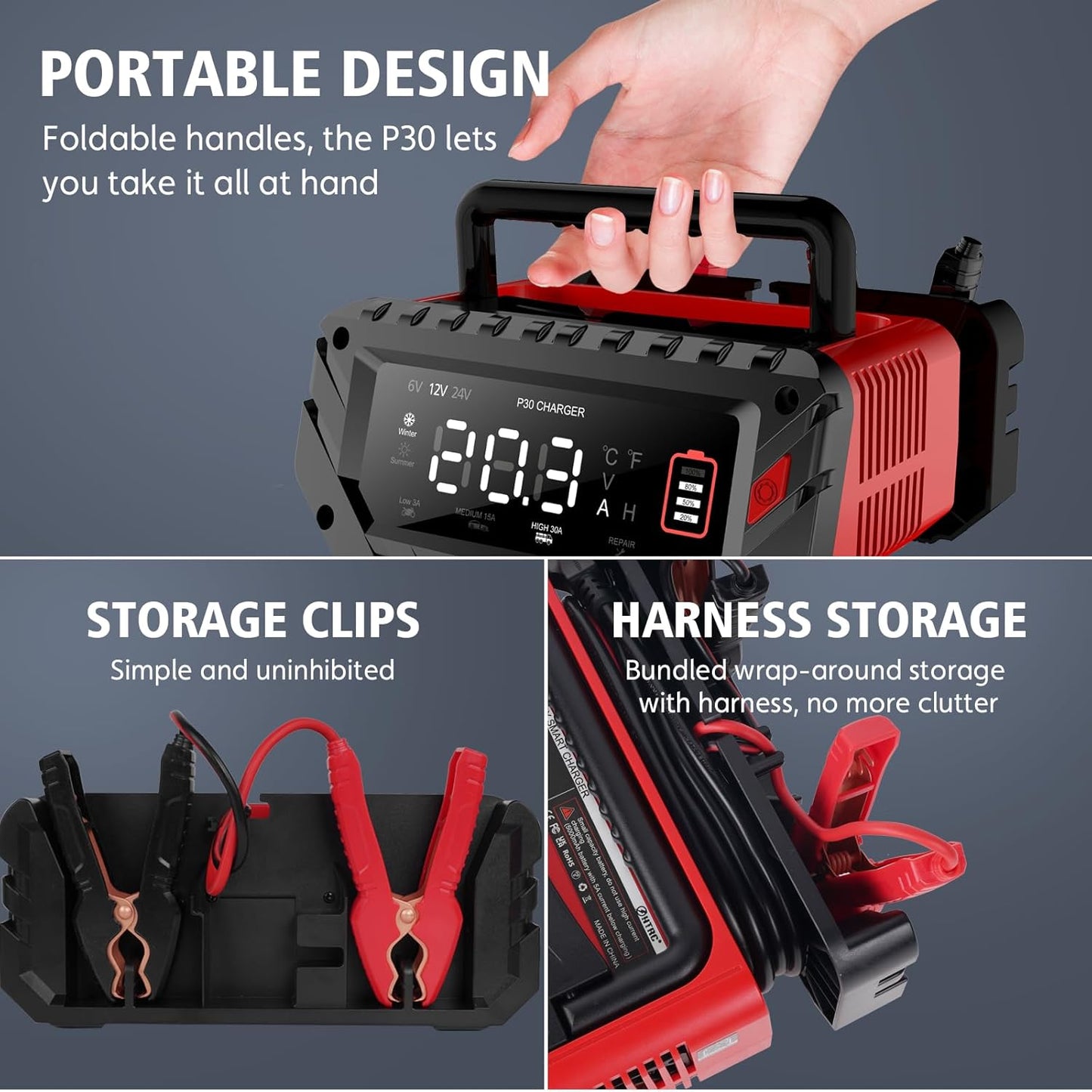 30 Amp Lithium Battery Charger,6V/12V/24V Lifepo4,Lead-Acid(AGM/Gel/SLA..) Portable Car Battery Charger,Battery Maintainer, Smart Trickle Charger, and Battery Desulfator for Car,Boat,Motorcycle…