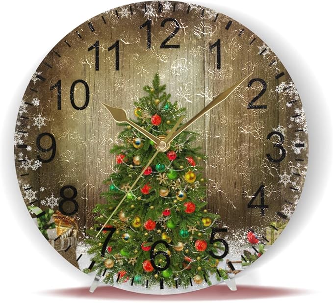 Wamika Wall Clock Christmas Tree Clock Silent Non Ticking Round Wall Clocks Decorative, Winter Rustic Wooden New Year Clocks 10 Inch Battery Operated Quartz Analog Quiet Desk Clock for Home Office